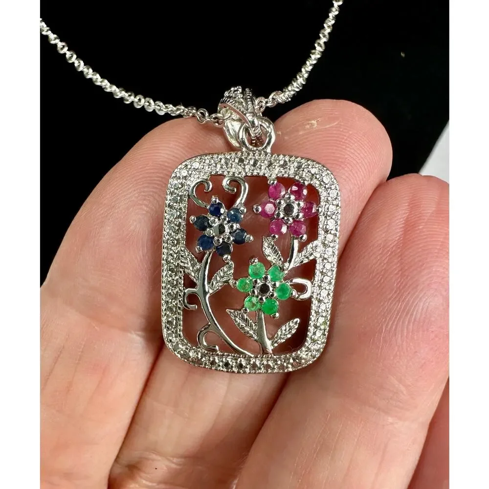 Vintage Floral Gemstone Pendant Necklace Sterling Silver Style